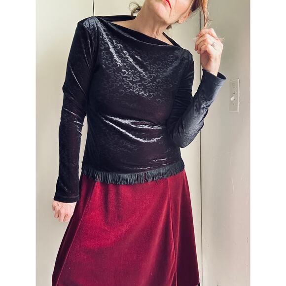 Y2K Velvet Burnout Long Sleeve Top Size Medium Fringe Gothic Grunge Whimsygoth - Picture 8 of 10